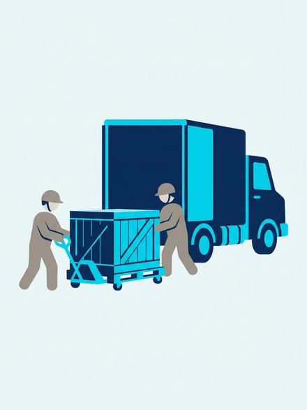Workers load the crated panel onto a delivery truck