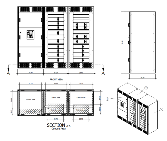 Forge Epic configurator, Mechanical Drawings - front elevation, section and isometric of a three-section board