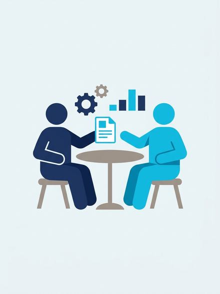 A customer hands a requirement document to a sales engineer across a table