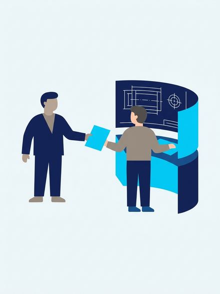 The sales engineer hands the document to a design engineer working at a drawing screen