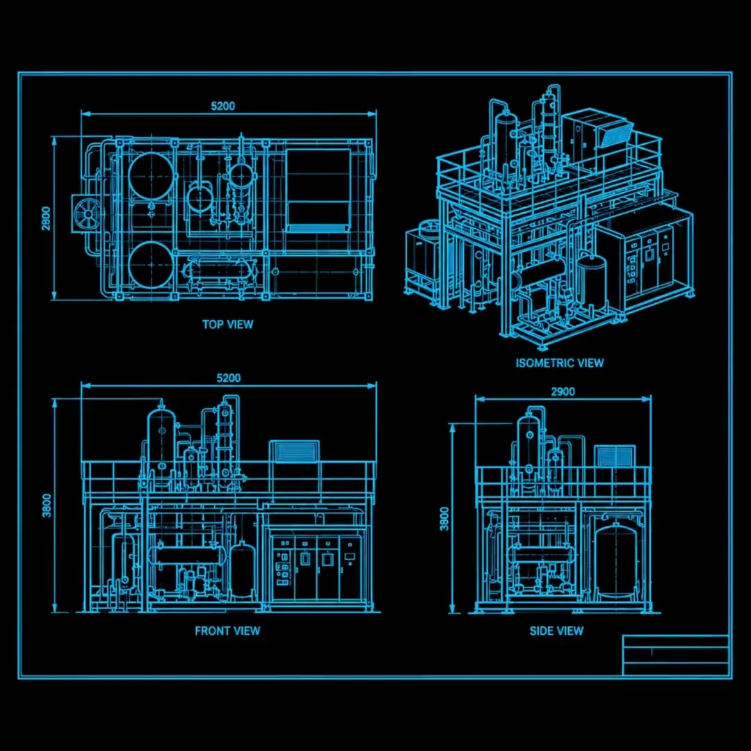 A Forge Epic process plant rising out of its engineering drawing