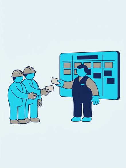 A supervisor hands work cards to two factory workers